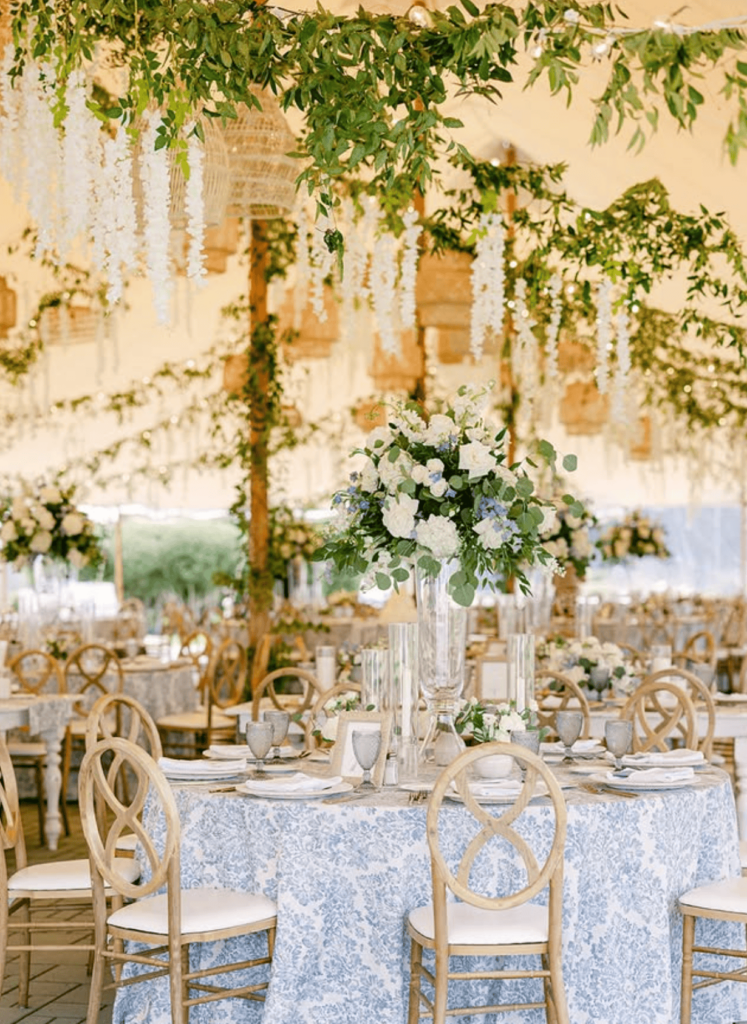 beautiful floral installation on a tented wedding reception space at Wentworth by The Sea Country Club Weddings