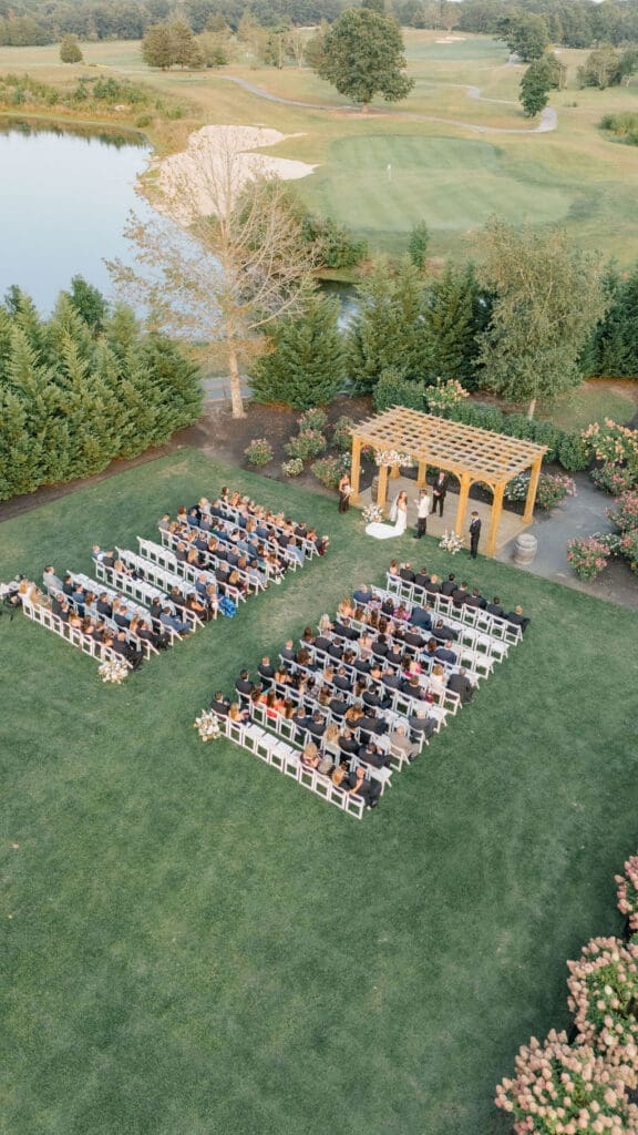 Aerial view of outdoor wedding ceremony at Renault Winery in Egg Harbor City New Jersey
