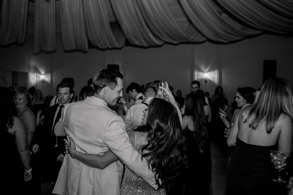 Bride and groom sharing their first dance during elegant Renault Winery wedding reception in New Jersey